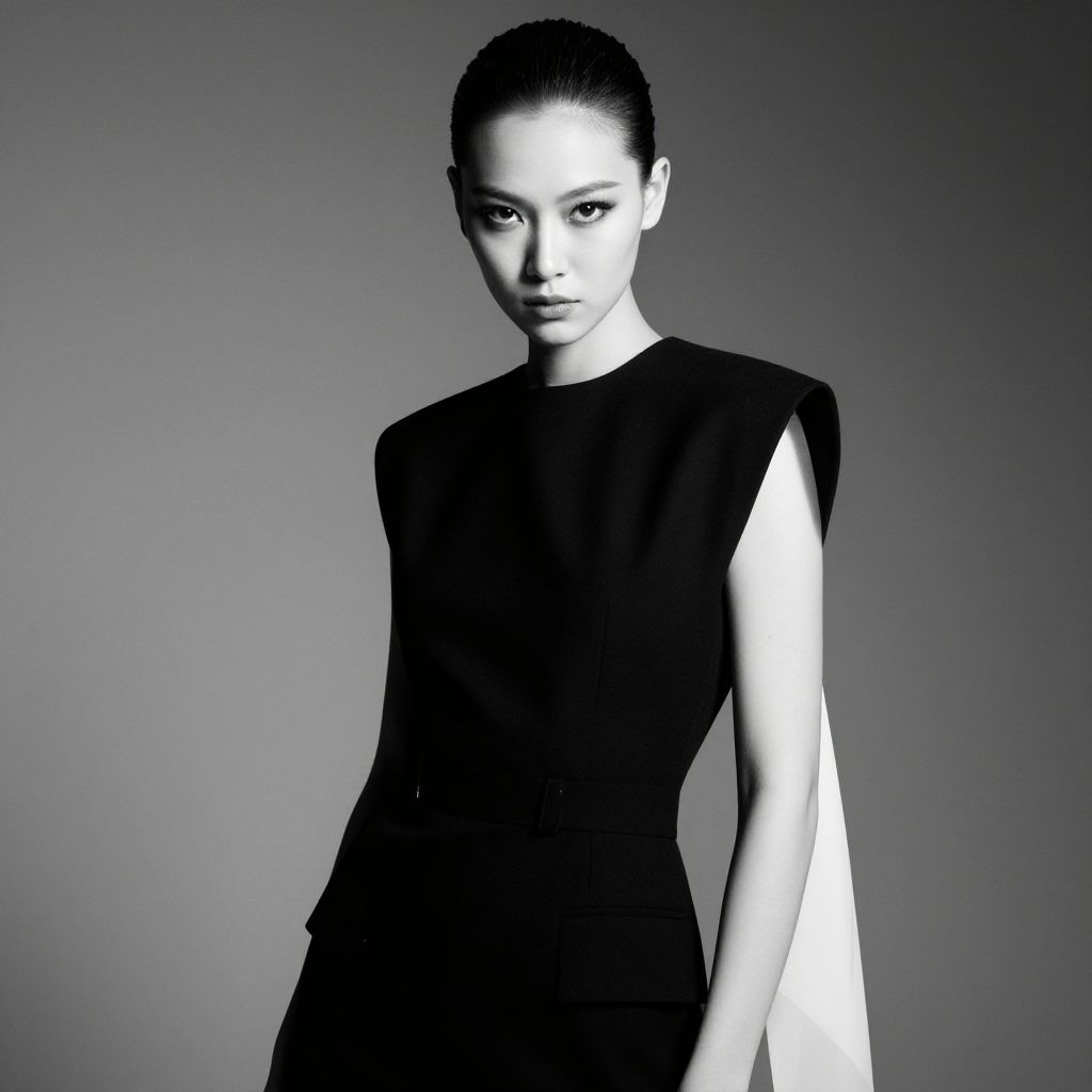 Elegant Woman in Structured Black Dress Black and White Fashion Portrait