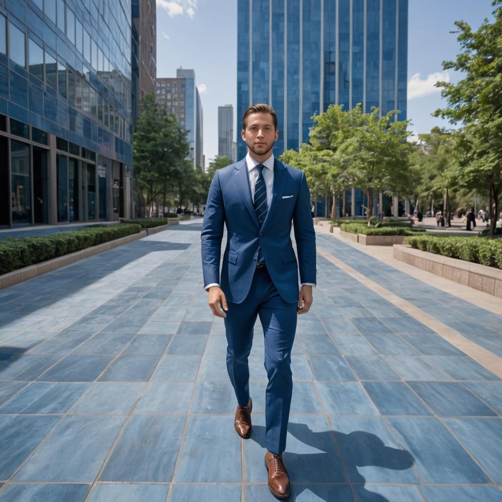 Confident Man in Tailored Blue Suit in Urban Setting