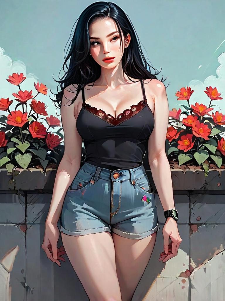 Realistic Digital Art of Woman in Casual Outfit with Flowers Background