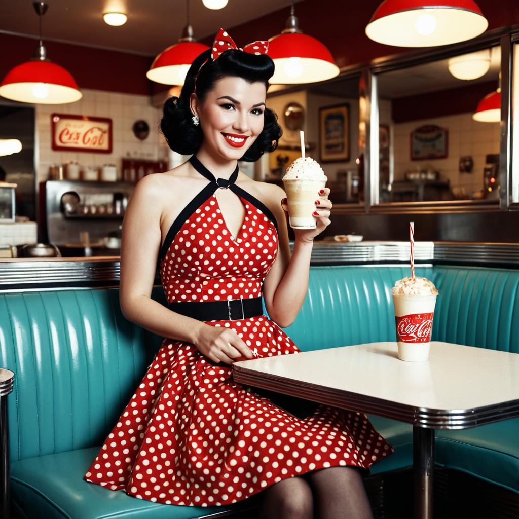 Vintage 1950s Woman in Red Polka Dot Dress Enjoying Milkshake in Retro Diner