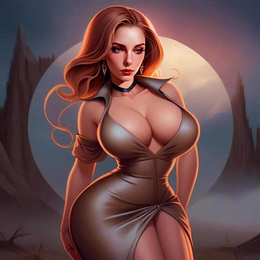 Fantasy Digital Artwork of a Woman in Form-Fitting Dress with Mystical Background