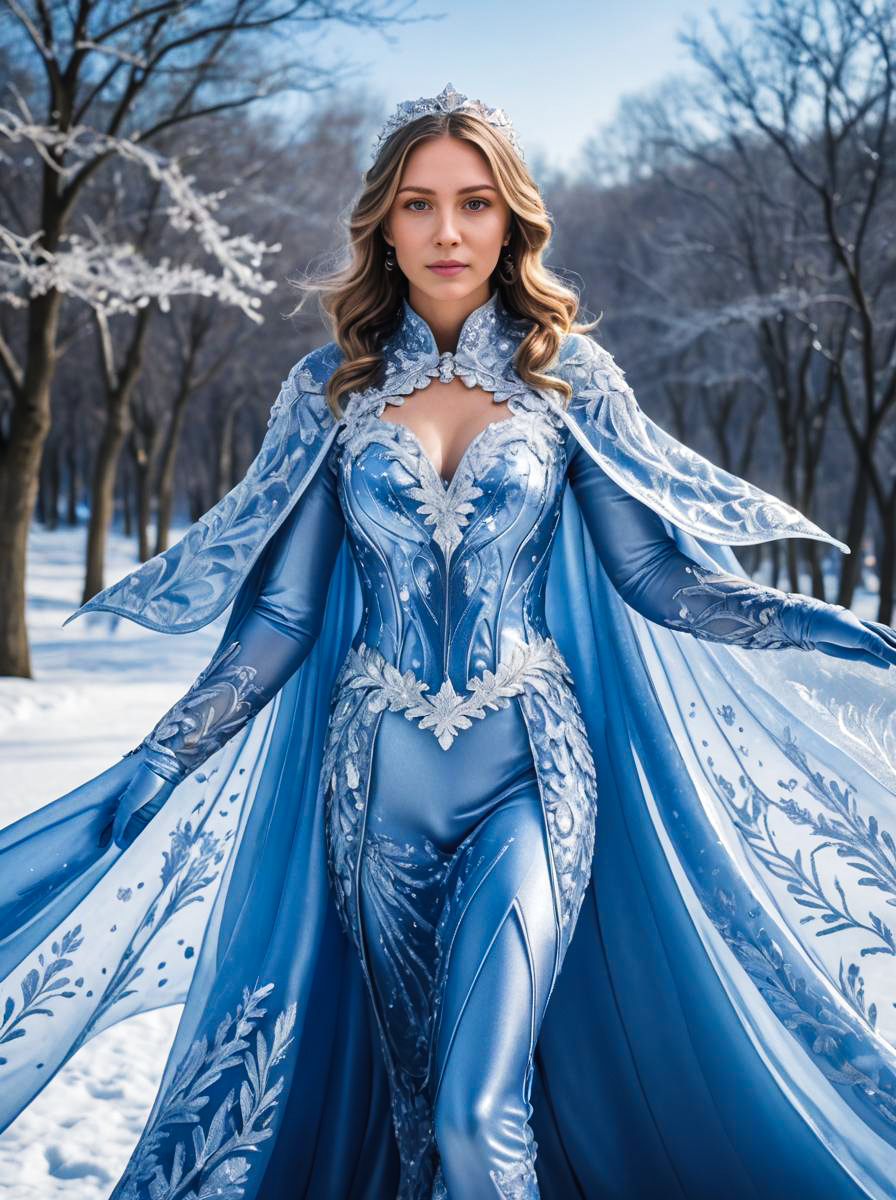 Elegant Woman in Blue Gown in Snowy Forest