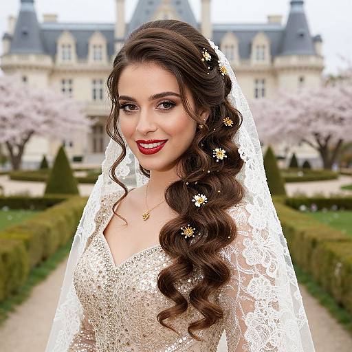 Elegant Bride in Embellished Lace Wedding Dress with Wavy Hair and Floral Accessories