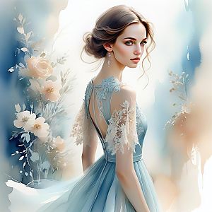 Young Woman in Elegant Blue Lace Dress