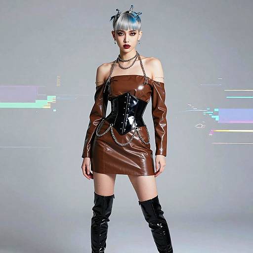 Gen Z Woman in Edgy Leather Fashion with Corset and Thigh-High Boots
