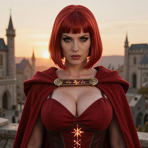 Red-Haired Woman in Fantasy Cloak with Glowing Runes at Sunset Castle