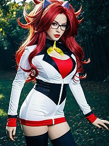 Sexy Android 21 Cosplay Woman in Realistic Costume with Red Hair and Glasses
