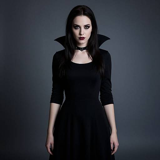 Gothic Woman in Black High-Collared Dress and Dark Makeup