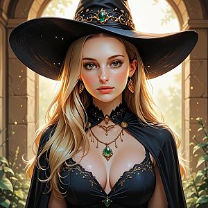Elegant Witch Portrait with Intricate Hat and Cloak