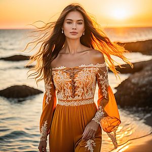 Woman in Orange Dress by Rocky Shore at Sunset