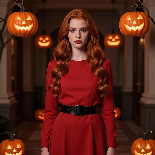 Redhaired Woman in Elegant Red Dress with Halloween Pumpkin Lanterns