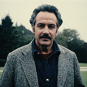 Portrait of Mature Man Outdoors in Gray Jacket with Mustache