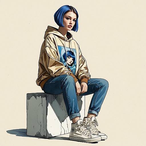 Stylish Young Woman with Blue Hair in Graphic Hoodie Sitting on Concrete Block