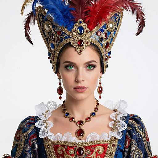 Renaissance Woman in Ornate Jewel-Encrusted Costume and Feathered Headdress