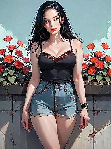 Realistic Digital Art of Woman in Casual Outfit with Flowers Background