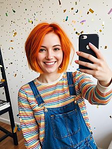 Young Woman with Orange Hair Taking Selfie in Colorful Outfit with Confetti