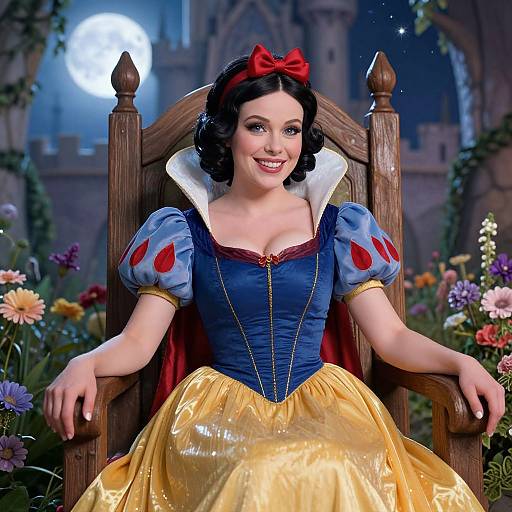 Snow White Costume Woman Sitting on Throne with Floral Background