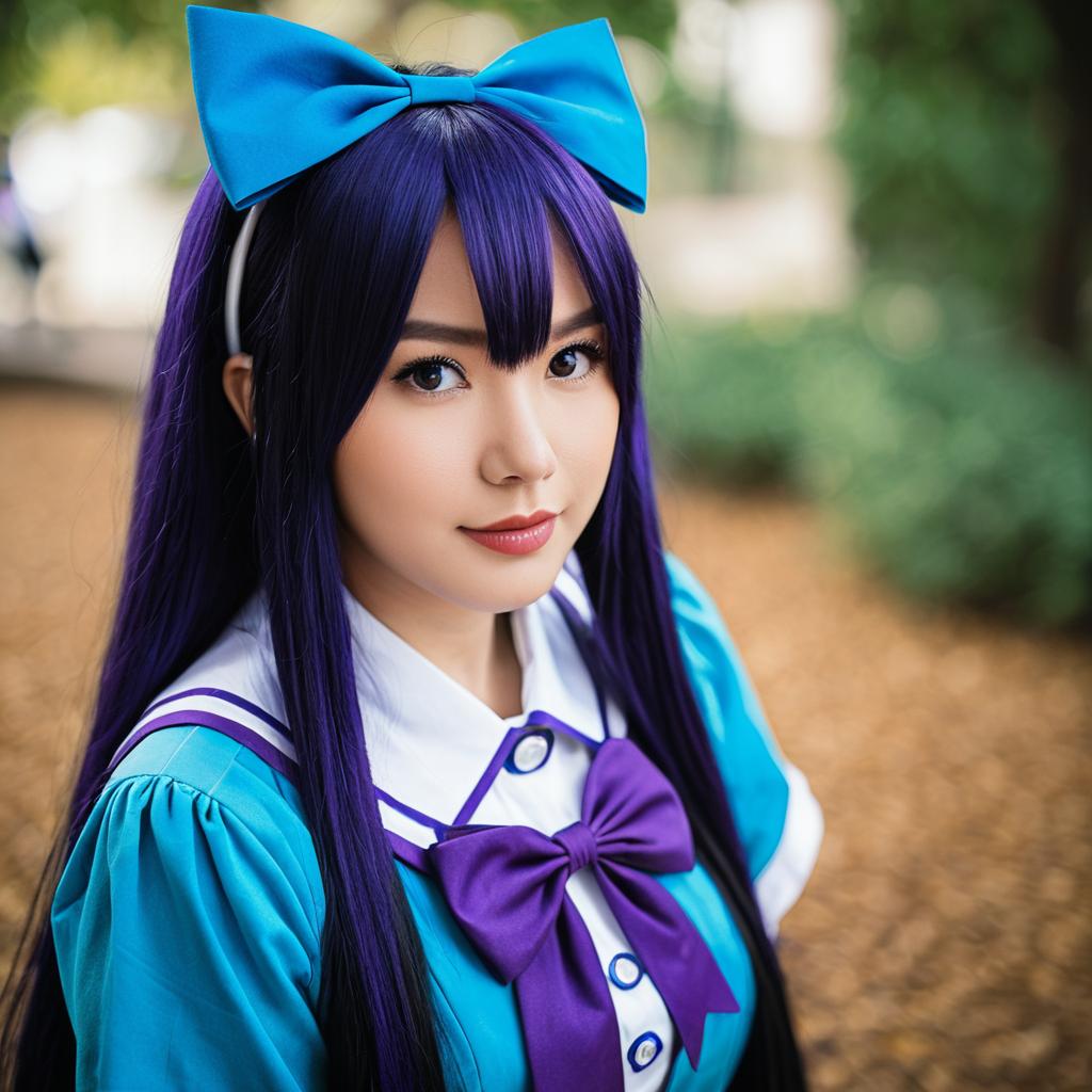 Anime Style Cosplay Woman with Purple Hair and Blue Bow