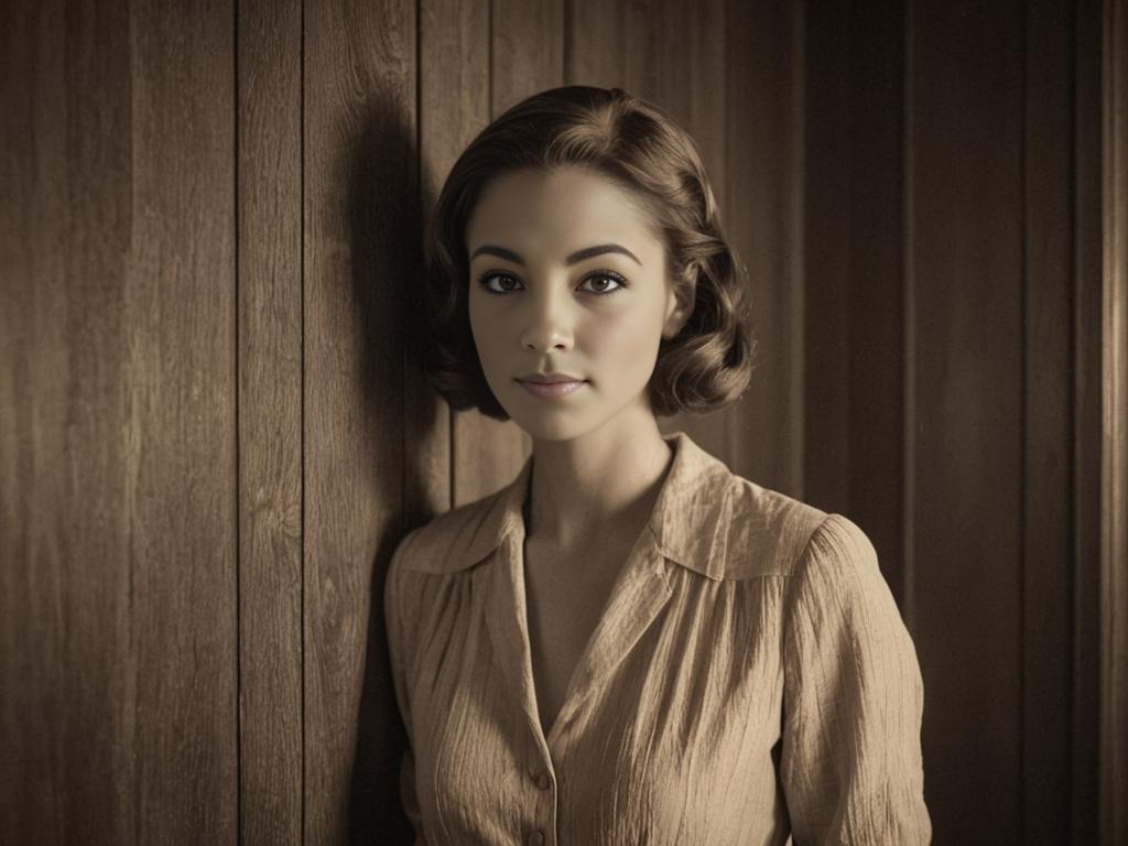 Elegant Woman Against Vintage Wood Paneling