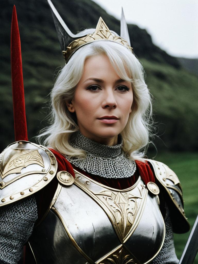 Photorealistic Woman in Helen Mirren Excalibur Historical Armor Costume