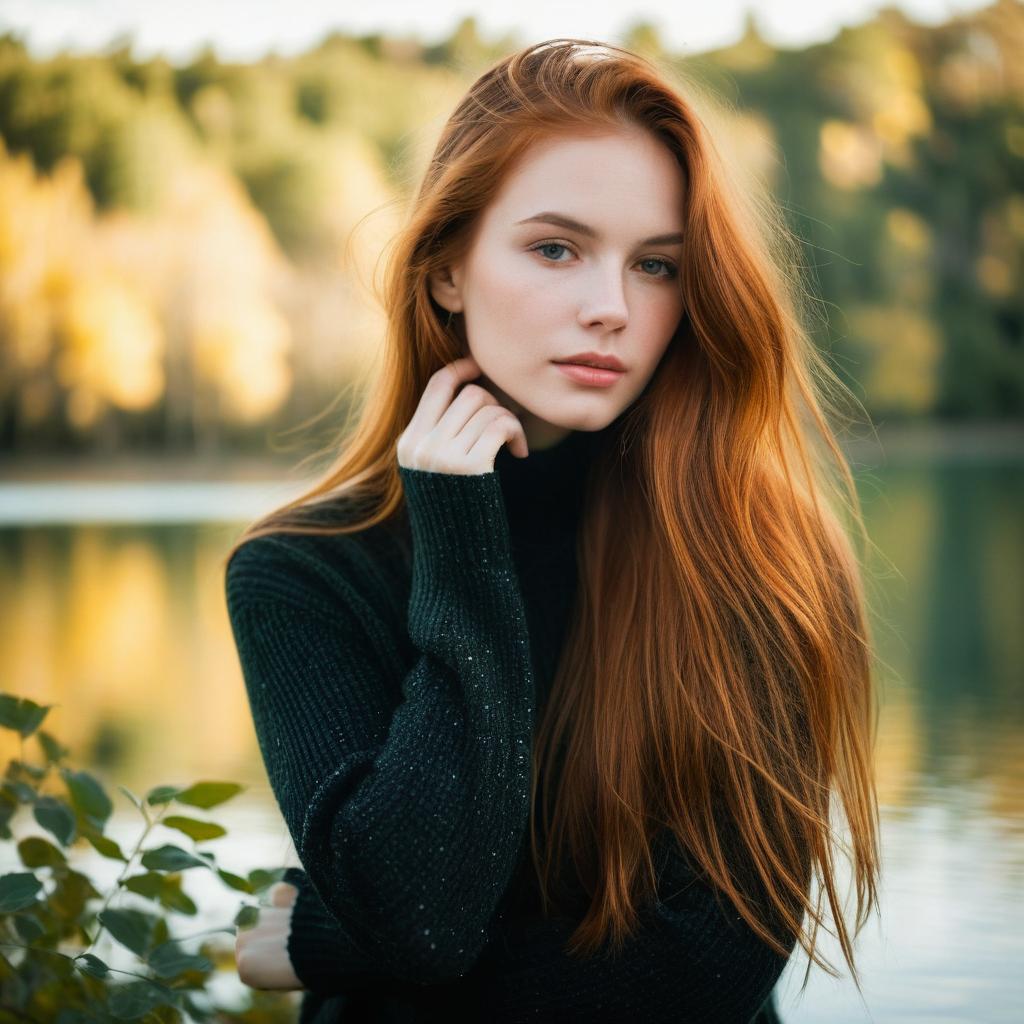 Portrait of a Red Haired Woman in Dark Sweater by Lake in Autumn