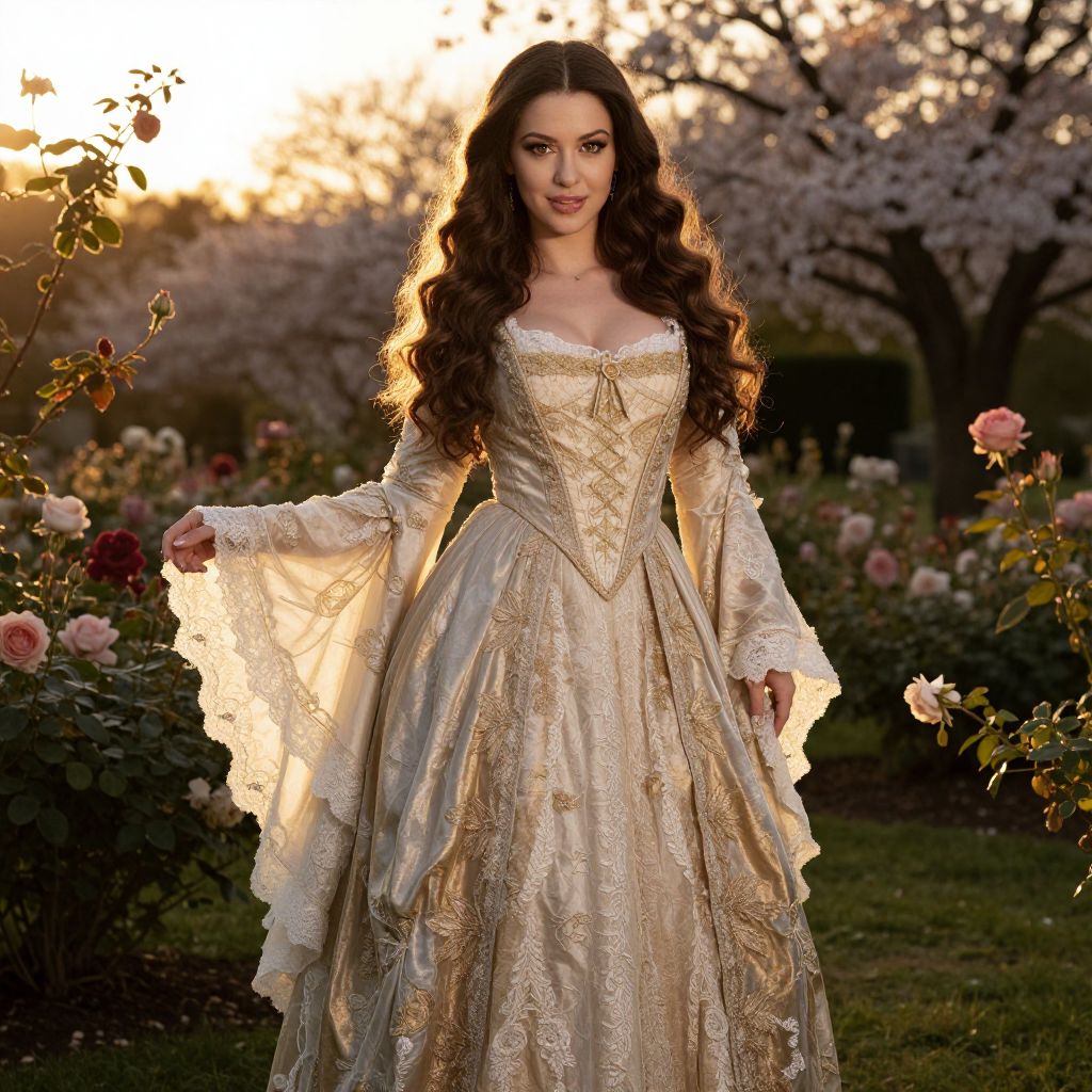 Elegant Woman in Vintage Lace Gown in Sunset Garden
