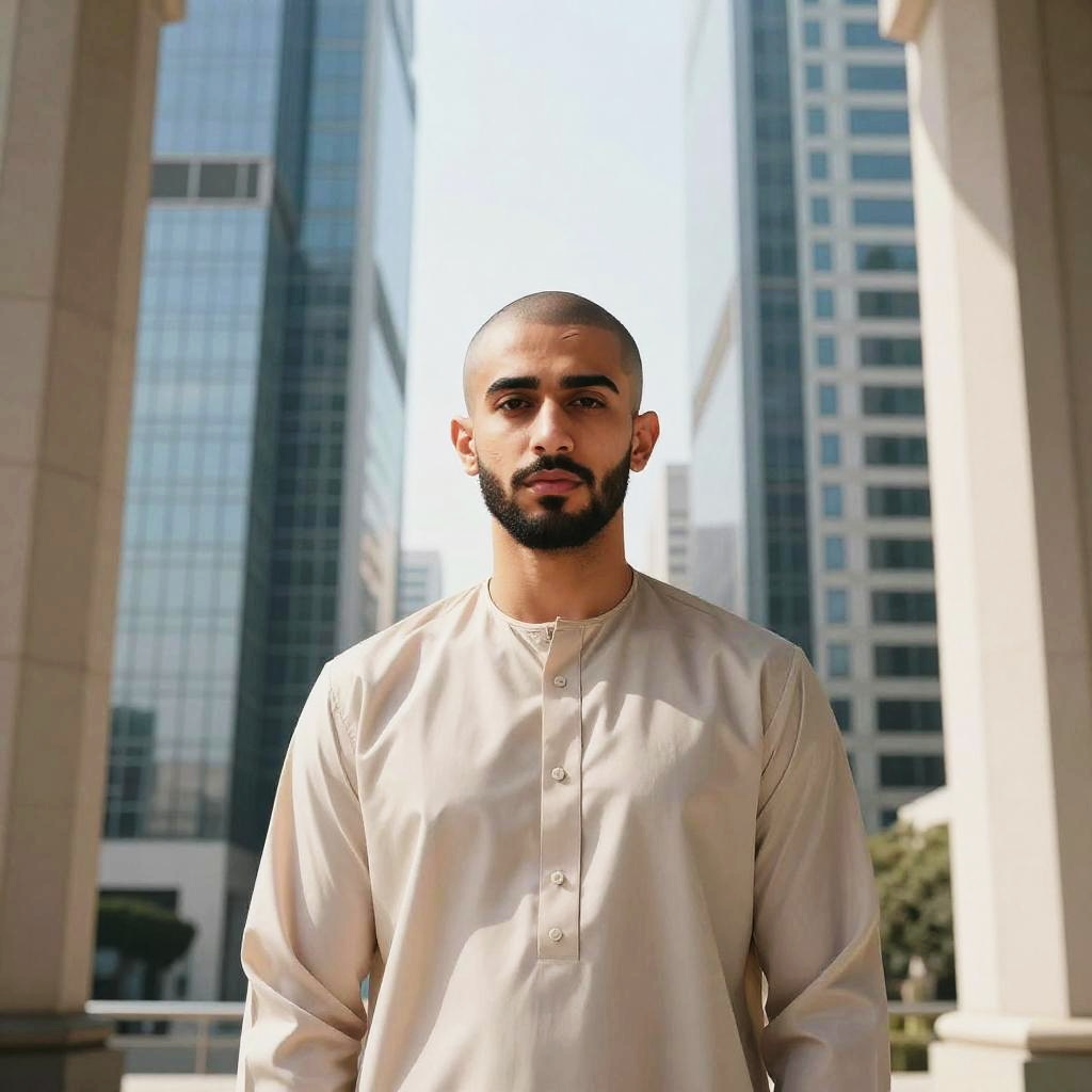 Young Man in Traditional Thobe Standing in Modern Urban Environment
