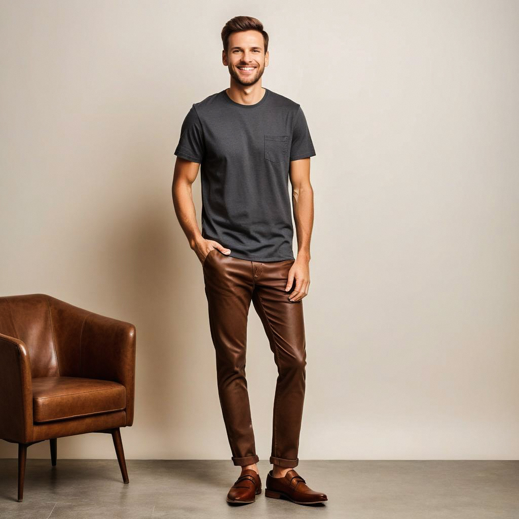 Smiling man in grey t-shirt and leather pants Smiling man in grey t-shirt and leather pants