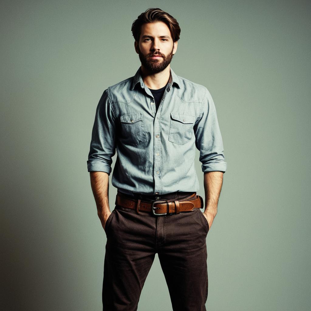 Confident Man in Casual Denim Shirt and Brown Belt Portrait