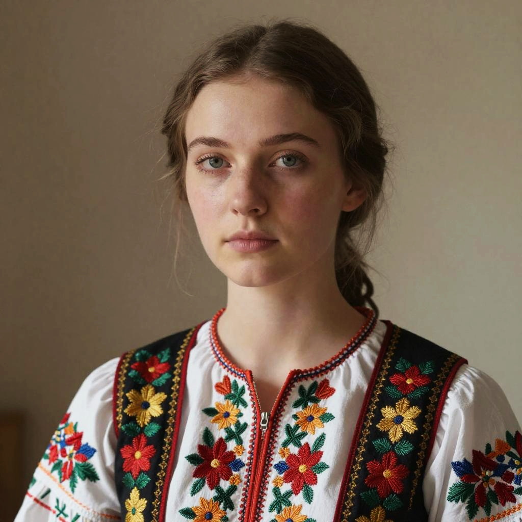 Young Woman Wearing Traditional Embroidered Floral Folk Costume