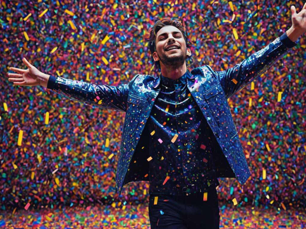 Joyful man in blue sequin jacket with confetti