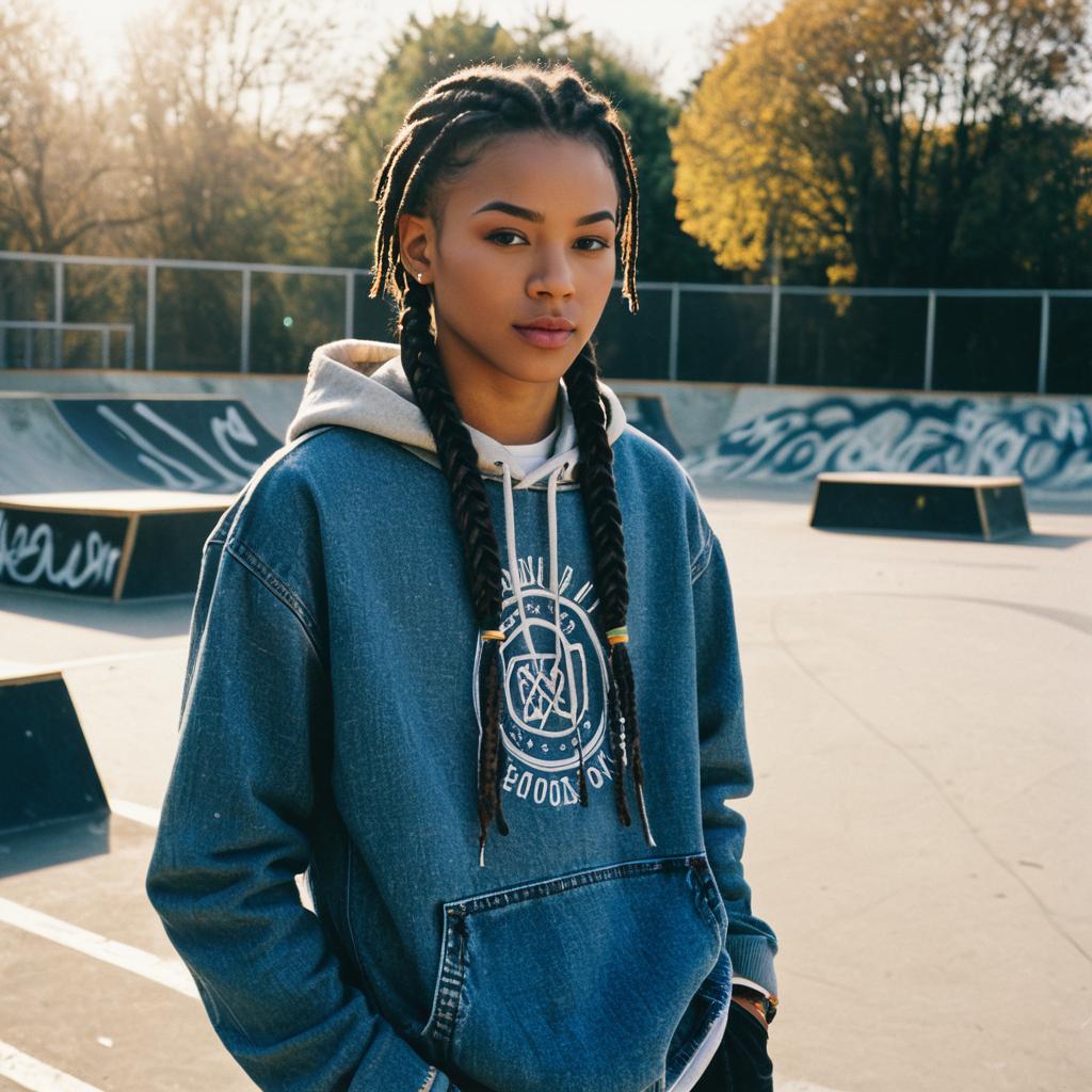 Young Woman in Denim Hoodie at Skatepark Outdoors