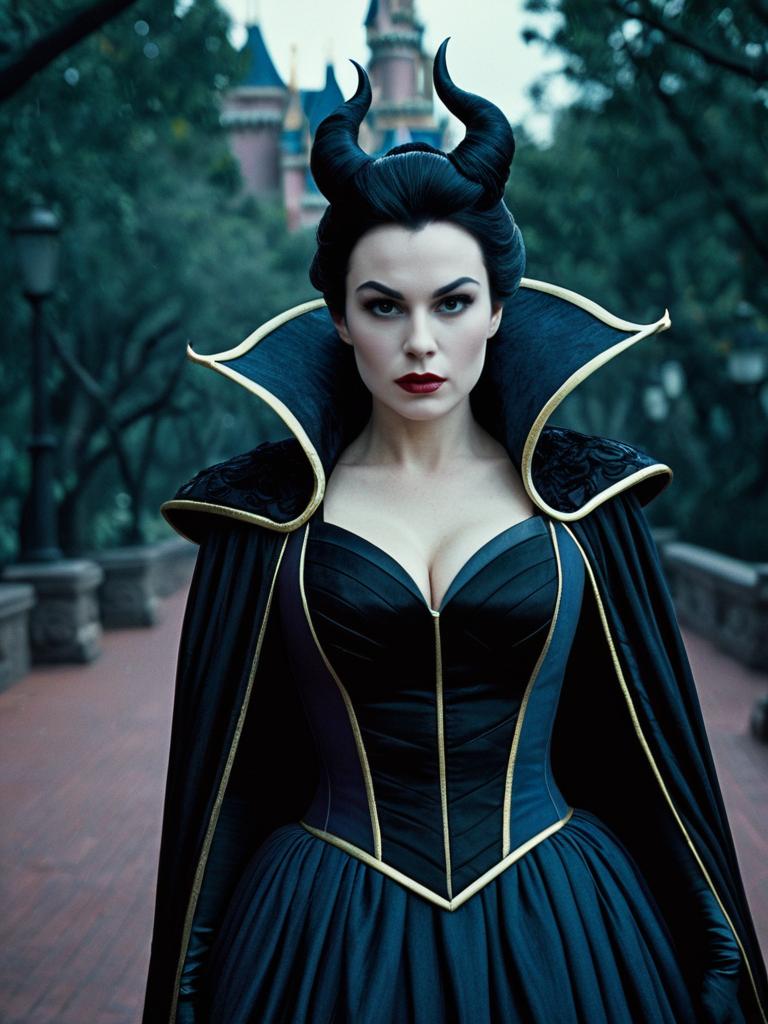 Cinematic Disney Villain Woman Costume with Horned Headpiece and Dramatic Lighting
