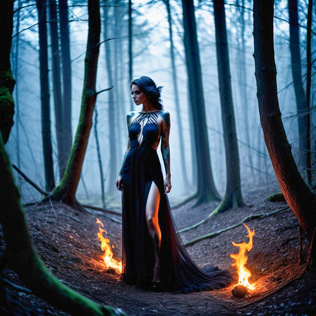 Woman in Elegant Black Gown in Misty Forest