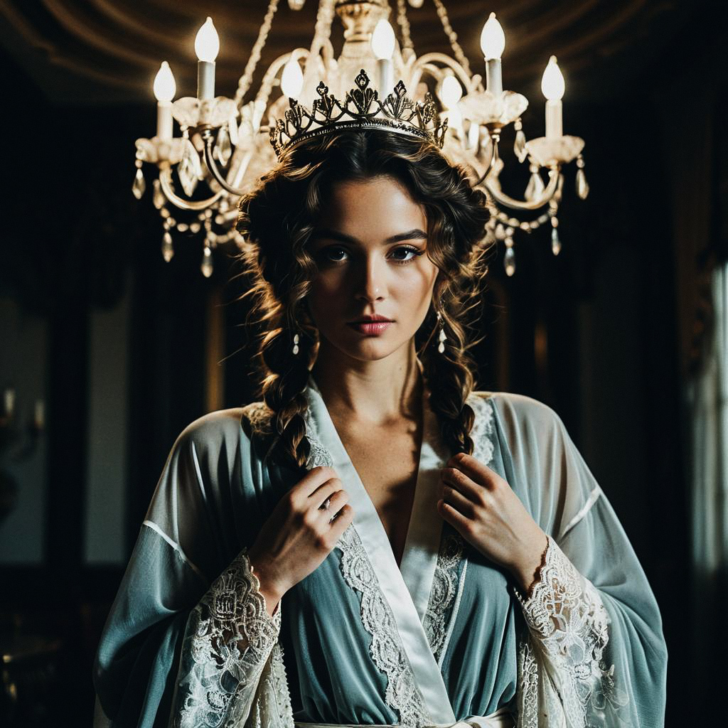 Regal Woman in Lace Robe with Vintage Crown