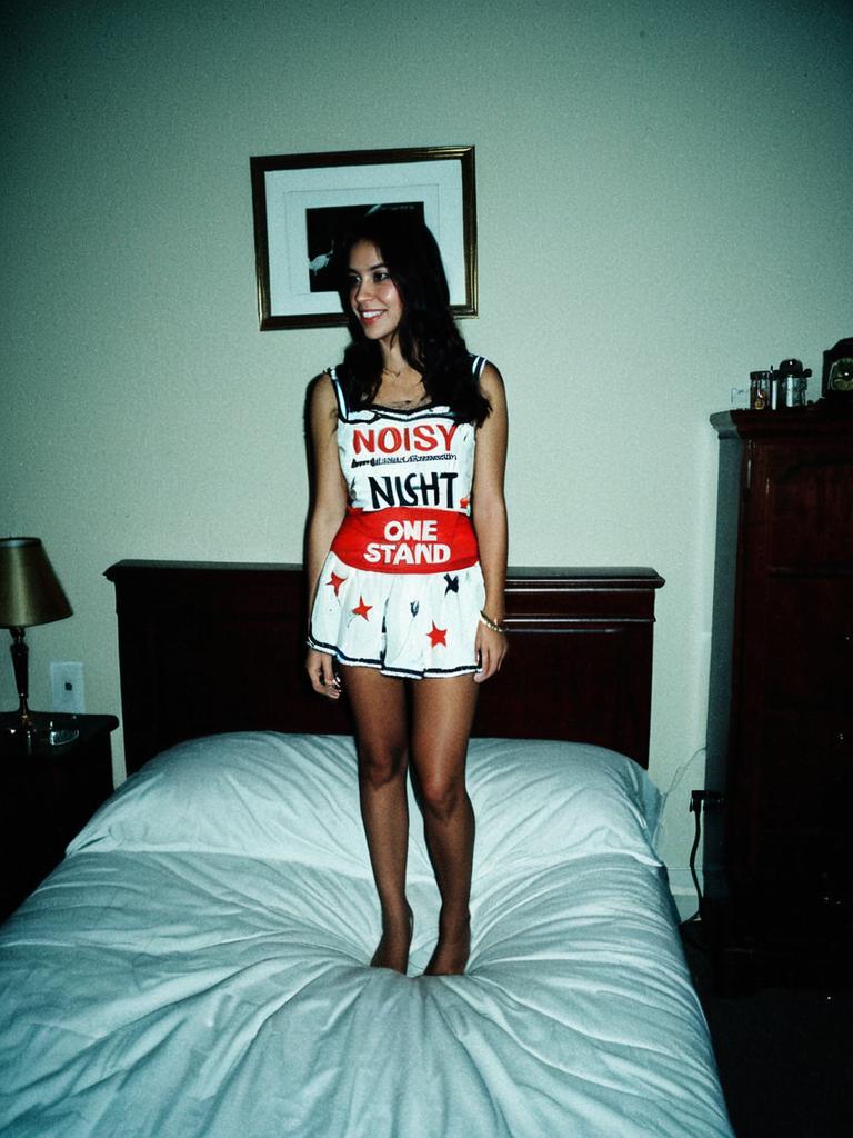 Woman in Noisy Night One Stand Fancy Dress on Bed in Bedroom