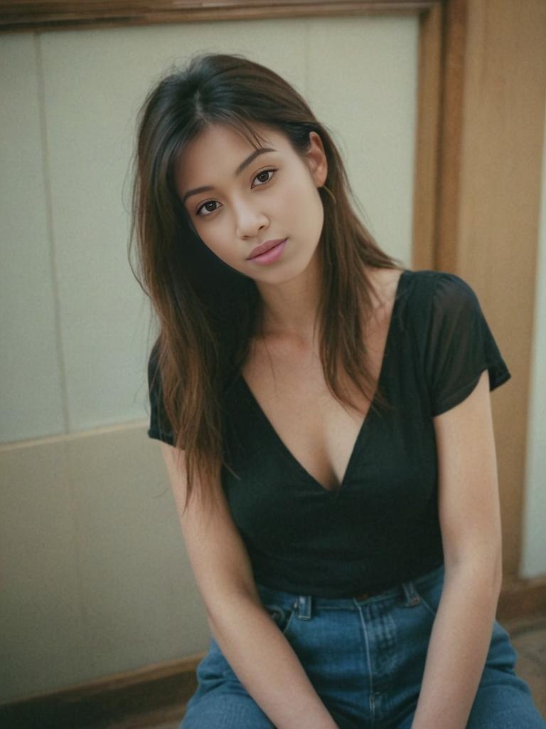 Nostalgic Woman in Black Top and Jeans