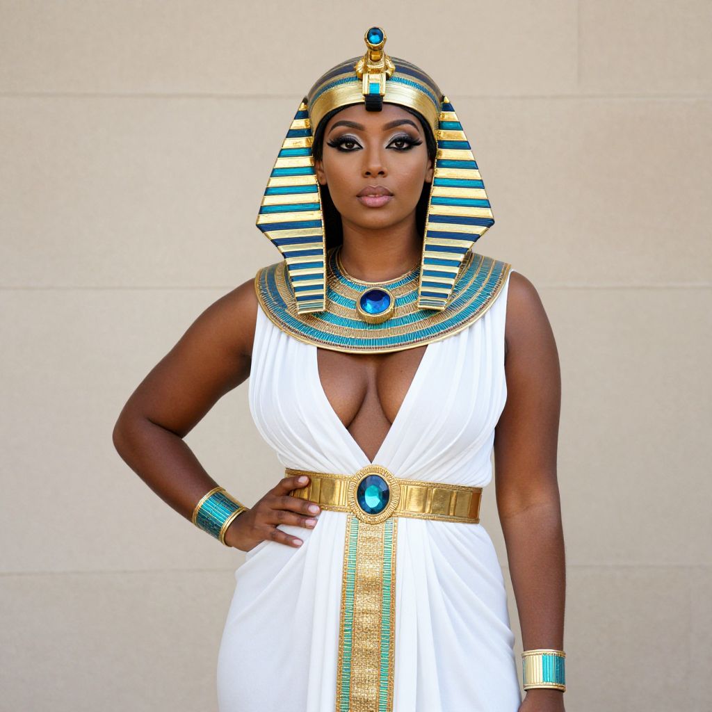 Woman in Regal Ancient Egyptian Costume with Gold and Turquoise Details