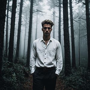 Young man in misty forest