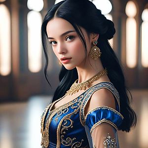 Elegant Woman in Blue and Gold Gown with Jewelry