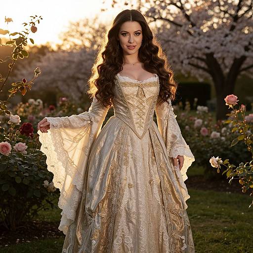 Elegant Woman in Vintage Lace Gown in Sunset Garden