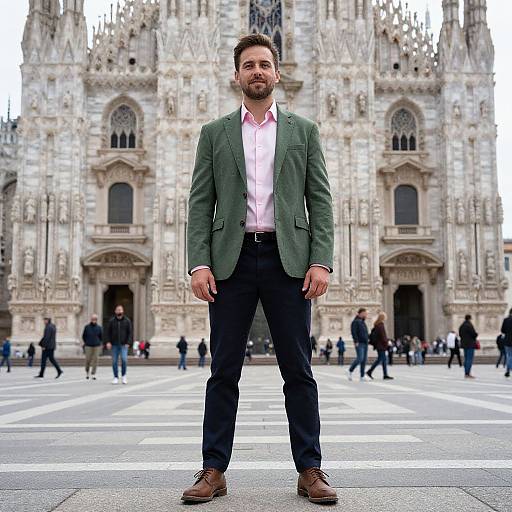 Man Standing Confidently in Front of Gothic Cathedral Architecture