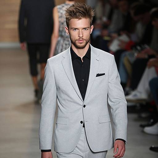 Male Model in Light Grey Tailored Suit and Black Shirt on Runway