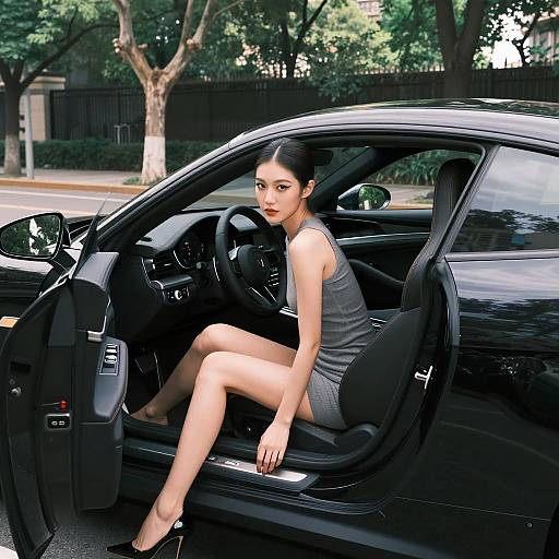 Elegant Woman in Black Sports Car Urban Fashion Portrait