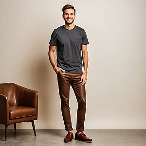 Smiling man in grey t-shirt and leather pants