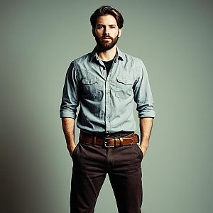 Confident Man in Casual Denim Shirt and Brown Belt Portrait