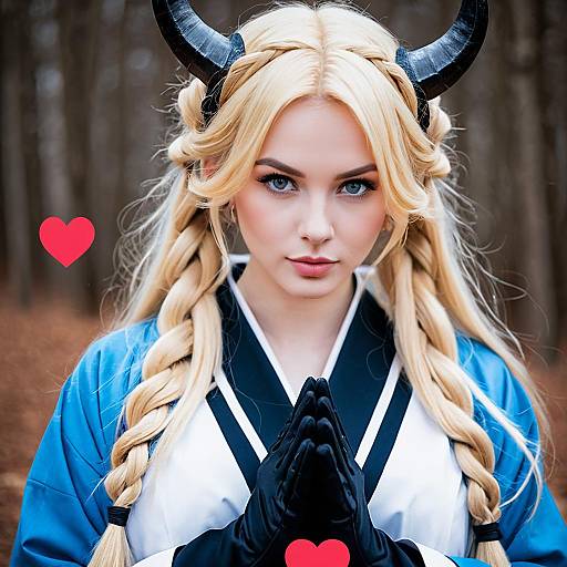 Akari Blue Archive Cosplay Woman with Blonde Braids and Horns in Forest