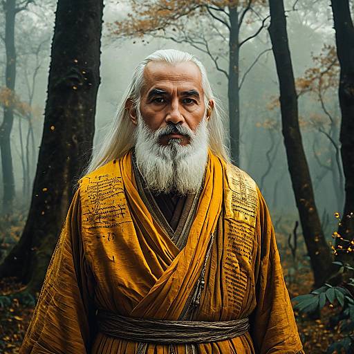 Elderly Man in Traditional Golden Robe in Misty Forest