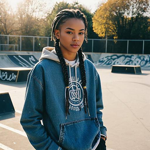 Young Woman in Denim Hoodie at Skatepark Outdoors
