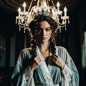 Regal Woman in Lace Robe with Vintage Crown
